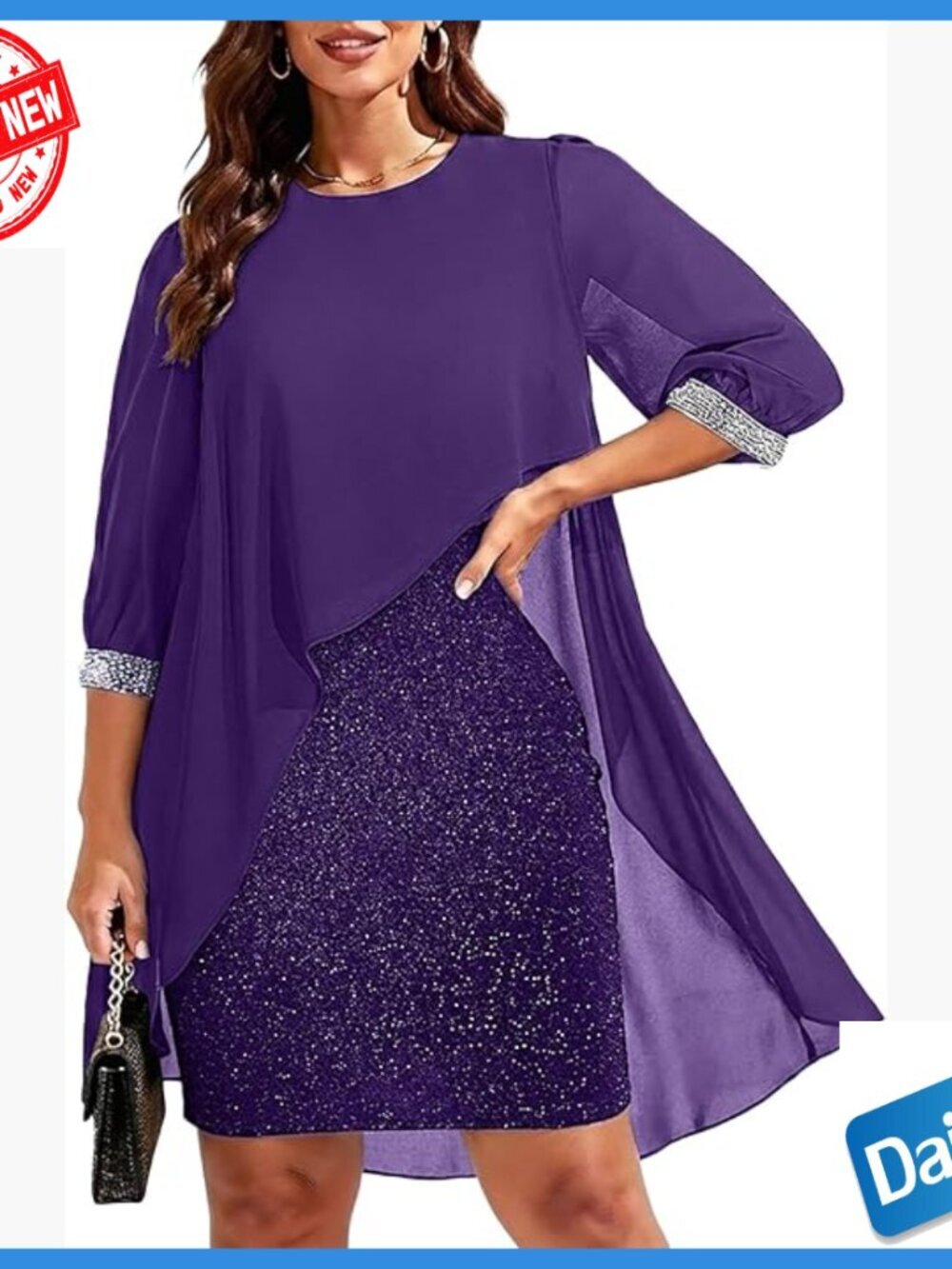 Plus Size Chiffon Cape Cocktail Dress 3/4 Sleeves Glitter Formal
